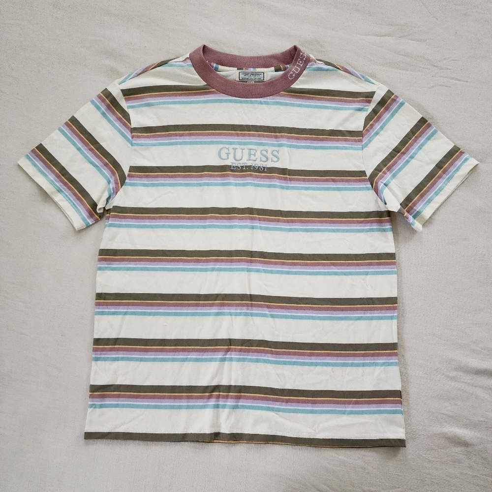 Guess Originals striped muted tee embroidery spellout mens small - Picture 2 of 7